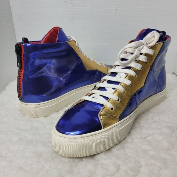 Anonyme Paris Men's Size 10 High Top Sneaker In Blue Gold & Red Patent Leather - Picture 5 of 10